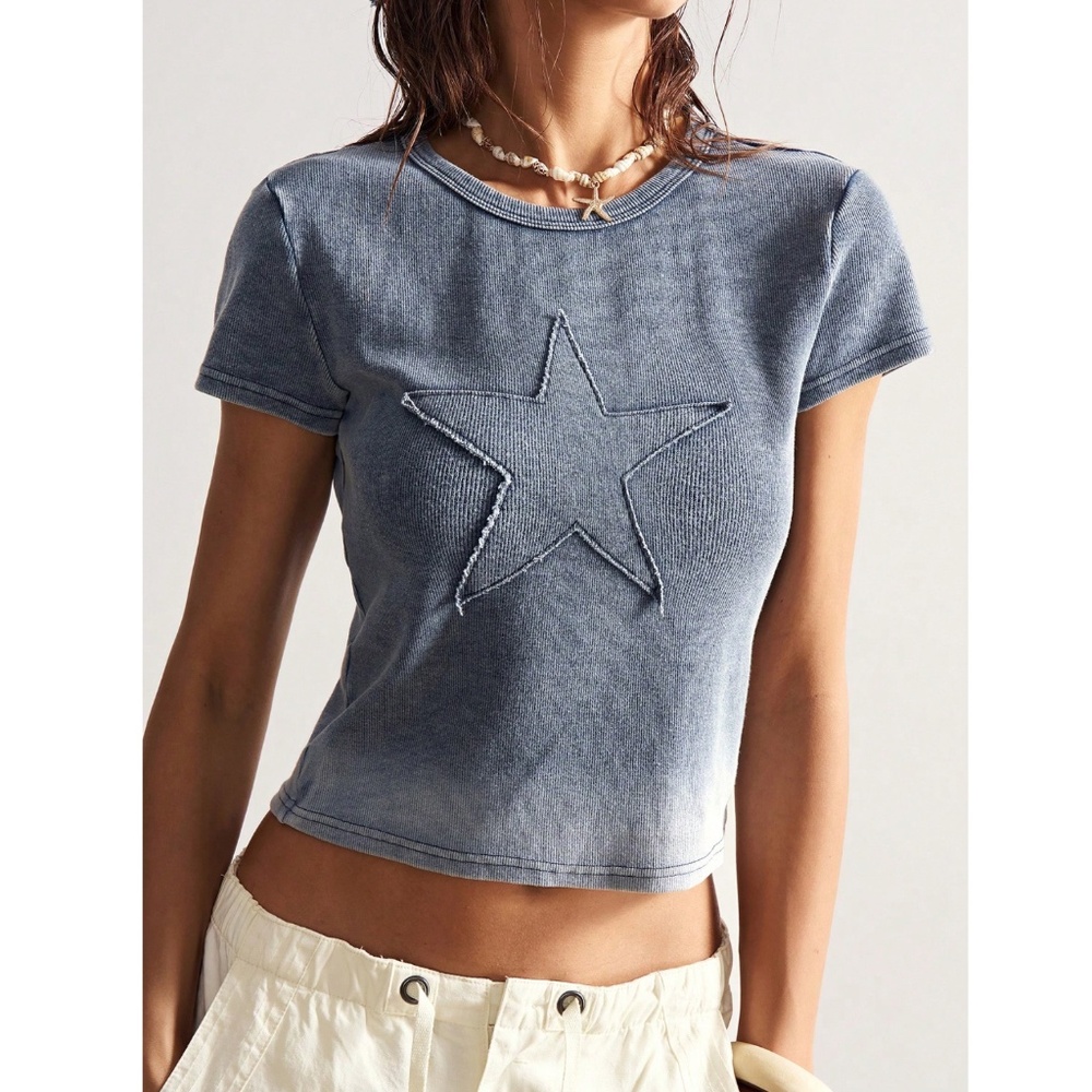 Cotton Rib Knit Grey Tee Shirt Star Patch Applique - Picture 2 of 9